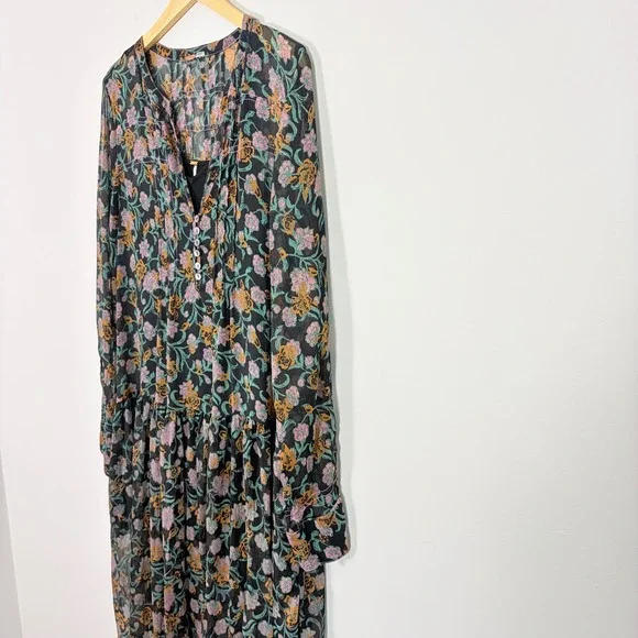 Free People See it Through Maxi Black Combo Large Long Sleeve Boho Flowy Tiered - Picture 4 of 11